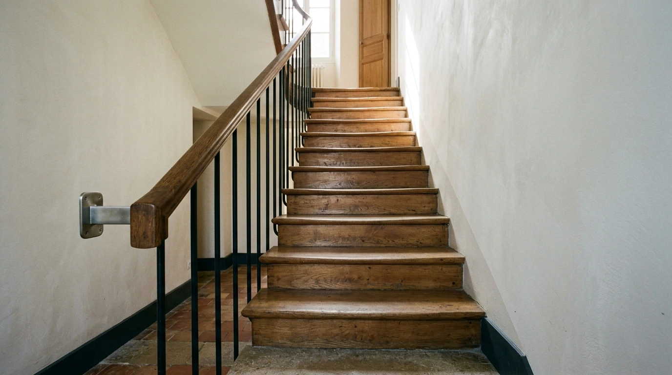 Départ d’un escalier intérieur avec sa main courante, vu en lumière du jour