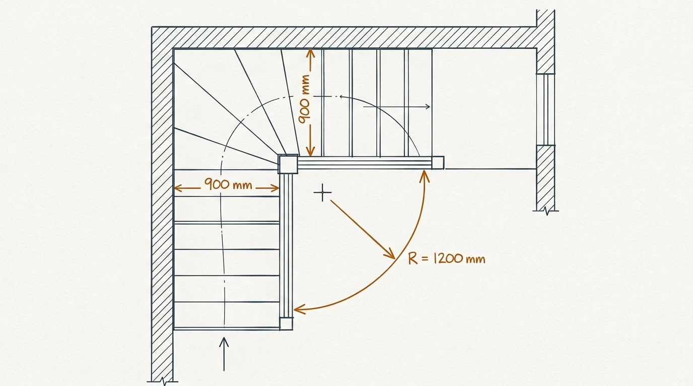Schéma coté d’un escalier à quart tournant, avec la largeur utile au point le plus étroit