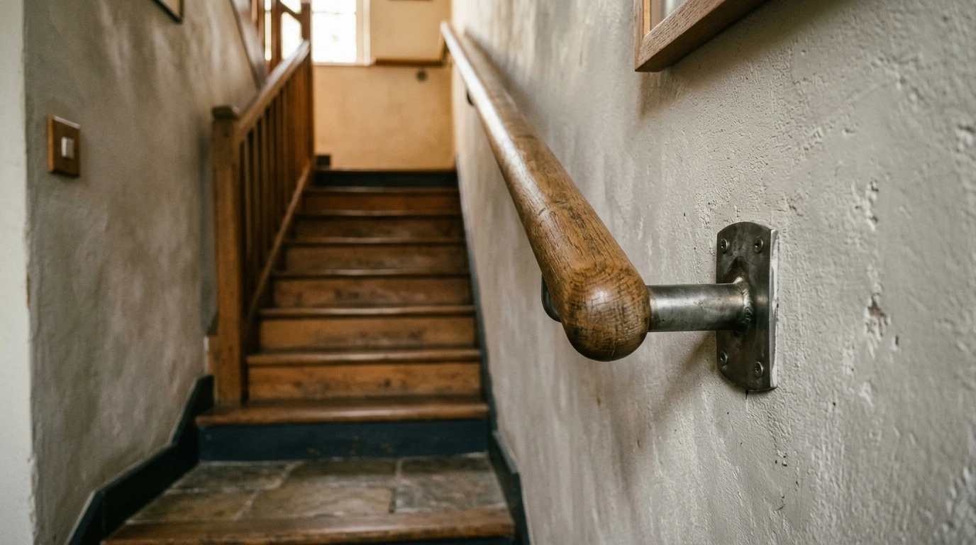 Main courante d’escalier intérieur saisie en lumière rasante, dans un logement occupé